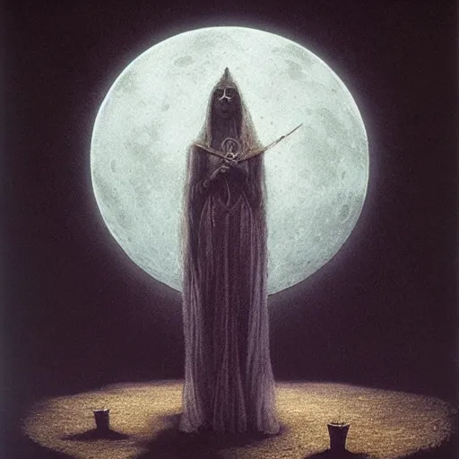 Image similar to occult witch hailing the full moon in a satanistic ritual, dark, mysticism, highly detailed, beksinski, 8 k, ultra high quality, cinematic lighting, dramatic, elegant, hyper realistic, zen