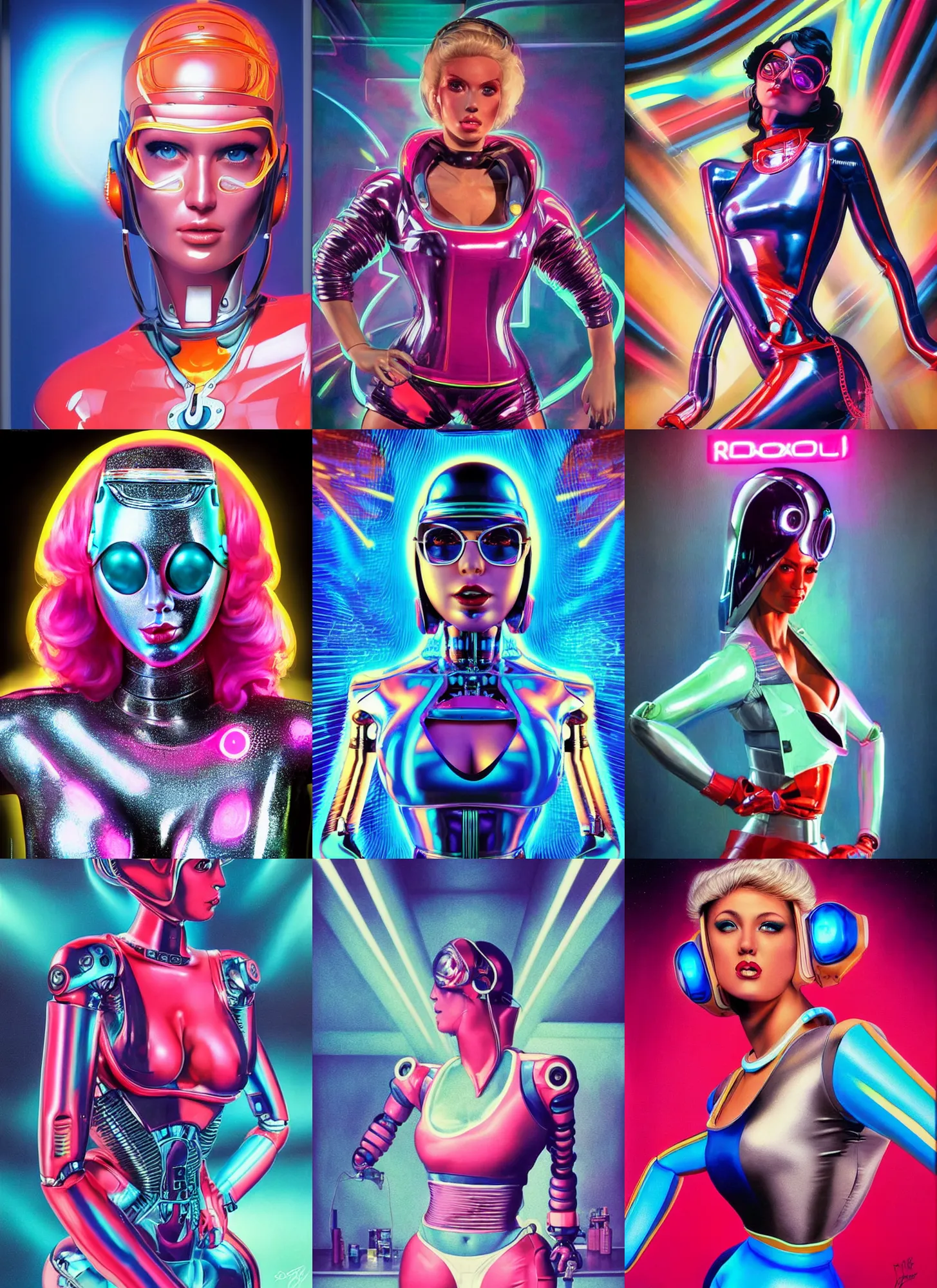 Prompt: sexy robot woman portrait dressed in an aerobic outfit of the eighties, retro, beautiful lights, vintage look, depth of field, hyper realistic, illustration, airbrush, 8 k, intricate, duo tone, art by david la chapelle and philip castle, artgerm