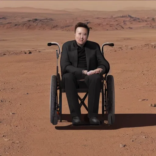 Image similar to elon musk at age 1 0 0 sitting in a wheelchair on planet mars, high quality, photorealistic