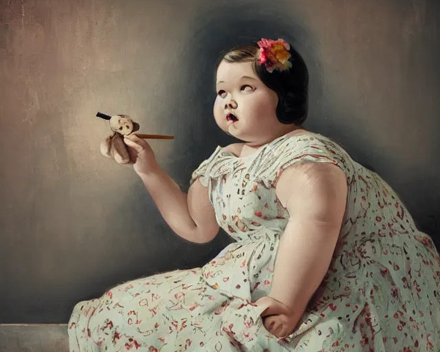 Image similar to very stylized old photo portrait of a fat sweet little girl painting a doll on the wall, full body. long shot. beautiful hands, flowery cloth. subsurface scattering shiny skin. beautiful lighting, 4 k post - processing, trending in art station, cg society, highly detailed, 5 k extremely detailed, 3 d. cinematic scene. sharp details. bokeh