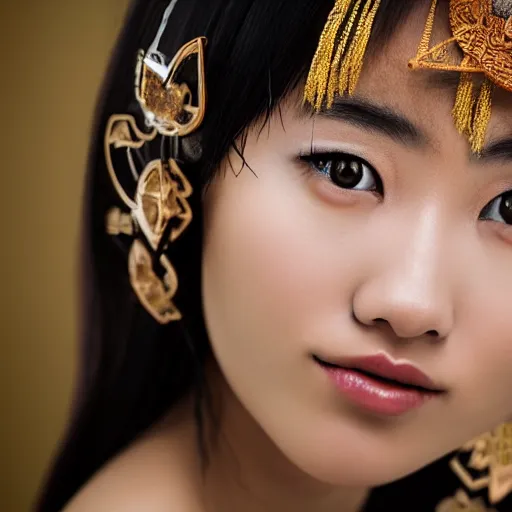 Prompt: close up, portrait of 18 years old female japanese jew model wearing javanese costume with star of david Jew symbols, photography, realistic, Zeiss camera