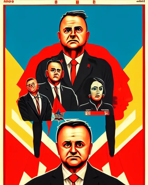 Image similar to anthony albanese in the style of cuban communist propaganda poster art in the year 1 9 8 7 ultra realistic, concept art, intricate details, highly detailed, photorealistic, octane render, 8 k, unreal engine. art by artgerm and magali villeneuve