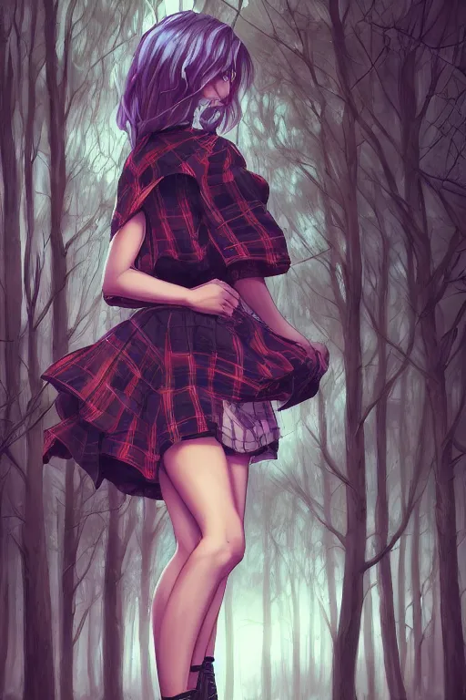 Prompt: woman in a dark forest, detailed plaid miniskirt, beautiful realistic face, detailed eyes, trending on artstation, by dan mumford, anime style, octane render, beautiful detailed body