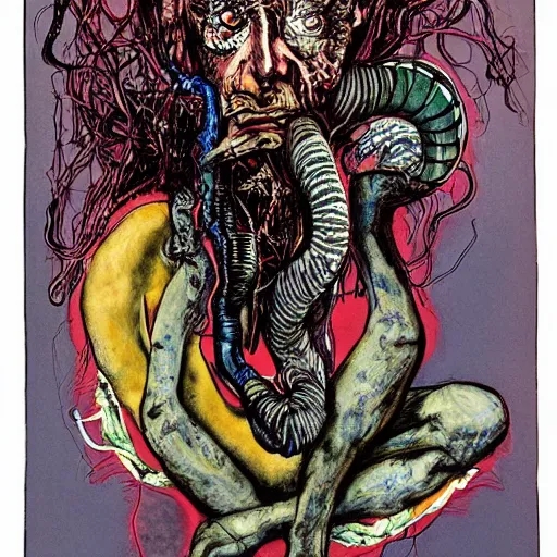 Prompt: graphic illustration, creative design, medusa, biopunk, by ralph steadman, francis bacon, hunter s thompson