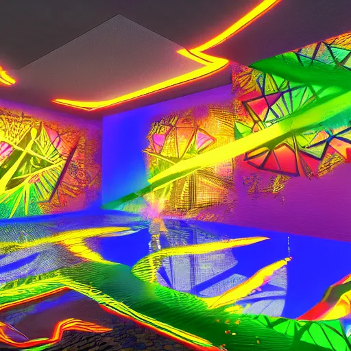 Image similar to backflip into a pool caustics lighting impressive colorful masterpiece graffiti nvidia raytracing demo