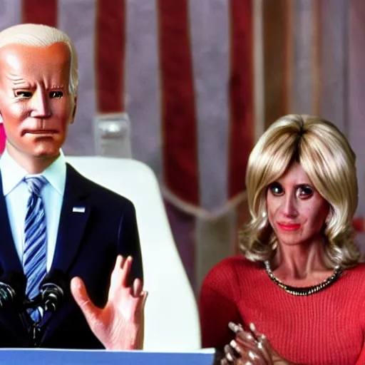 Image similar to alien, wearing a wig and a dress and ((Joe Biden)) at a press conference, photograph, highly detailed, 4K