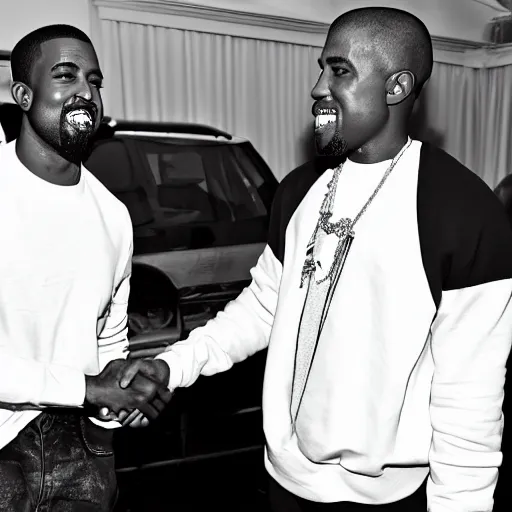 Image similar to a black and white photo of kanye west and pete davidson shaking hands