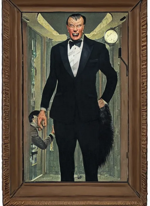 Prompt: full body and head portrait of a huge werewolf in a tuxedo in a dark and dingy dystopian apartment lit by green light, painted by norman rockwell and tom lovell and everett raymond kinstler