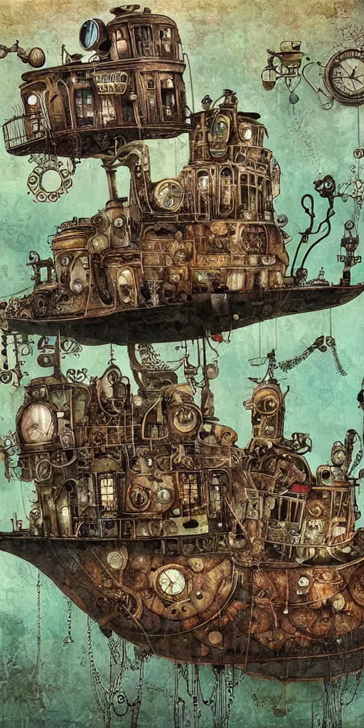 Image similar to a detailed digital painting of an organic steampunk living submarine by alexander jansson and where's waldo and leonardo da vinci