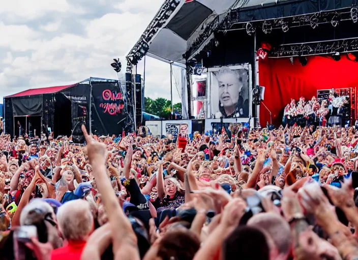 Image similar to photo still of queen elizabeth on stage at vans warped tour!!!!!!!! at age 7 0 years old 7 0 years of age!!!!!!! in the mosh pit, 8 k, 8 5 mm f 1. 8, studio lighting, rim light, right side key light