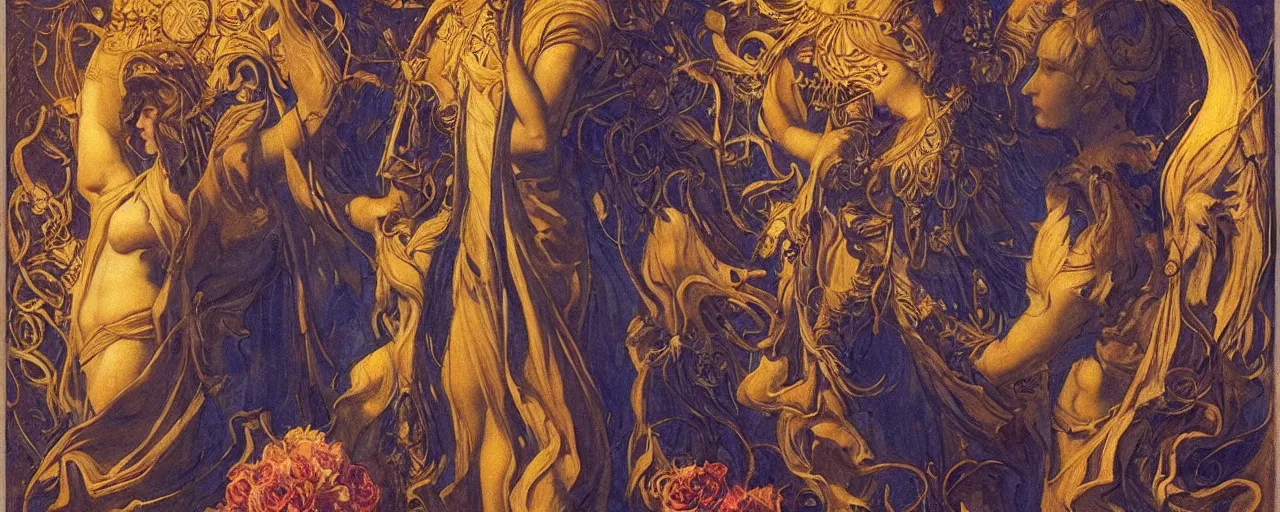 Prompt: saint woman, venus, athena, queen, by annie swynnerton and nicholas roerich and jean delville, strong dramatic cinematic lighting, ornate headdress, flowing robes, spines, flowers, stars, lost civilizations, smooth, sharp focus, extremely detailed, marble, obsidian, gold, space