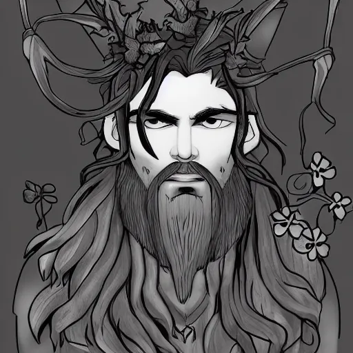 Image similar to male firbolg druid with vines and hibiscus flowers as hair simple drawing, pointy ears, gray skin, dungeons and dragons, comic style