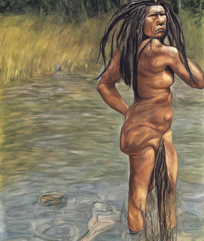 Prompt: indigenous woman standing in a pond, painted by lucian freud, hd, super detailed, realistic, muted colors