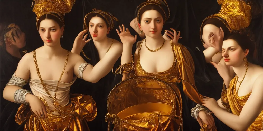 Image similar to beautiful oil matte painting, women with gold skin showered with diamonds, wonderful masterpiece highly detailed, beautiful cinematic light deep focus, elegant, digital painting, smooth, sharp focus, golden ratio, dramatic illumination, ultra realistic, 8 k, art by artemisia lomi gentileschi and caravaggio