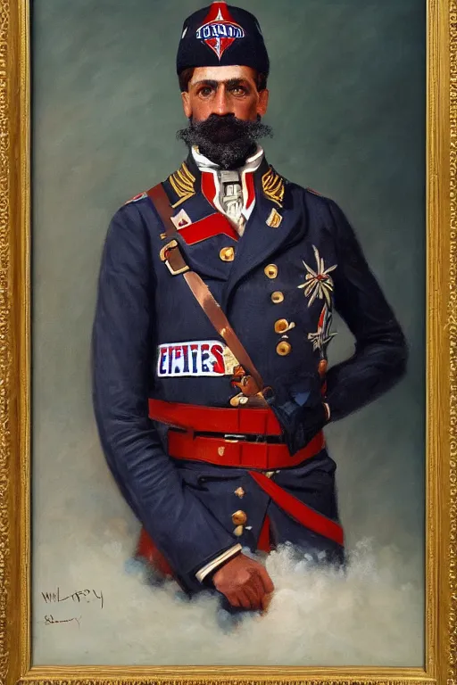 Image similar to full body portrait of the dictator of the philadelphia 7 6 ers, 1 8 8 9, in full military garb, oil on canvas by william sidney mount, trending on artstation