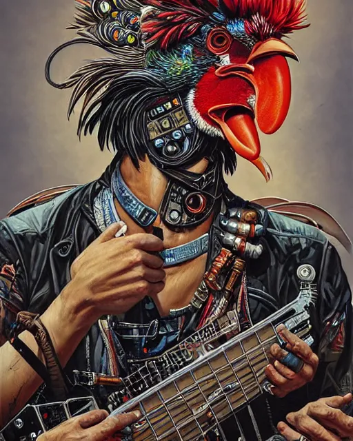 Prompt: a portrait of an anthropomorphic cyberpunk rooster picking on a banjo by sandra chevrier, by jon foster, detailed render, tape deck, epic composition, cybernetics, 4 k realistic, cryengine, realistic shaded lighting, sharp focus, masterpiece, by enki bilal