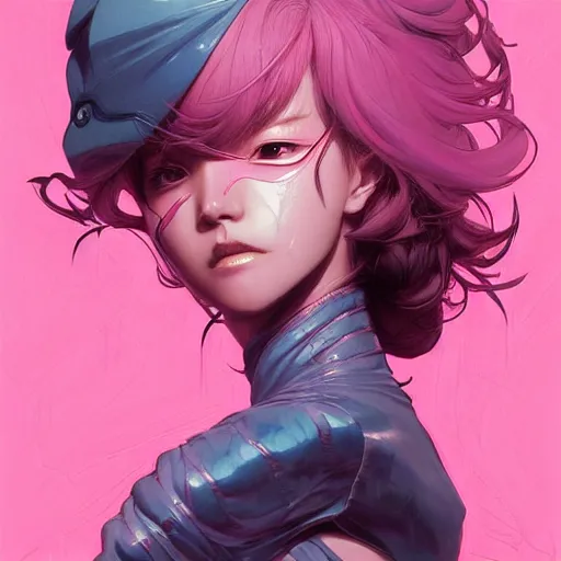 Image similar to prompt : stealthy rogue pink character portrait soft light painted by james jean and katsuhiro otomo and erik jones, inspired by evangeleon anime, smooth face feature, intricate oil painting, high detail illustration, sharp high detail, manga and anime 1 9 9 9