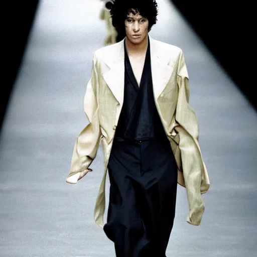 Image similar to Spike Spiegel on the runway modeling avant-garde Yohji Yamamoto clothes