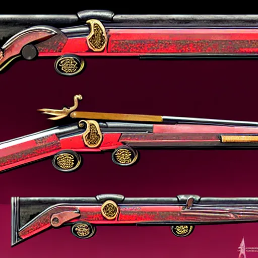 Image similar to a magical antique sawed - off double - barreled shotgun made from glossy red - painted wood and elements of gold metalwork, video game concept art