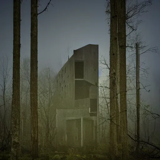 Image similar to creepy building with in a dark forest at midnight