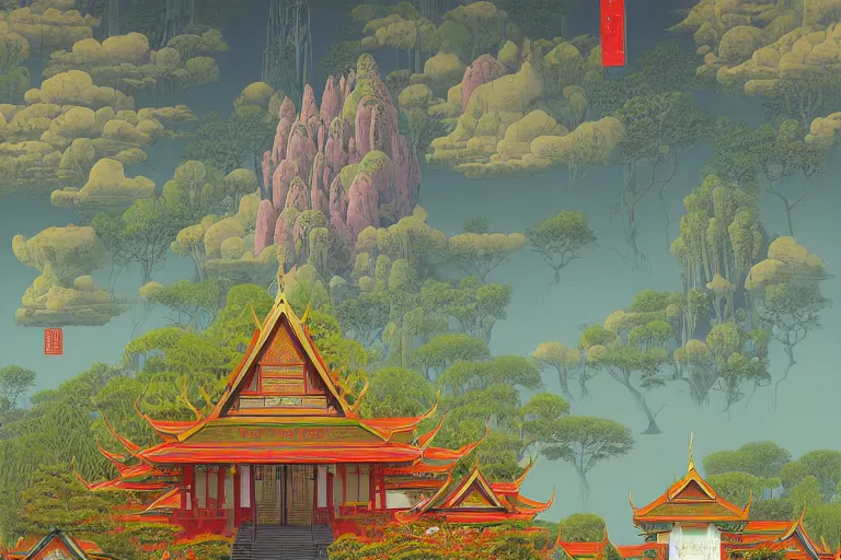 Prompt: summer morning, thai temple, rolling mountain, very coherent and colorful high contrast, art by gediminas pranckevicius, geof darrow, franz sedlacek, dark shadows, hard lighting, ukiyo - e, floralpuk risograph print