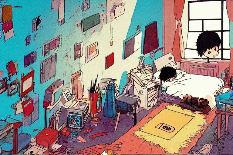 Image similar to messy bedroom, style of studio ghibli + moebius + basquiat, cute, lofi, artstation