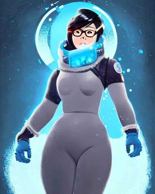 Image similar to mei from overwatch, character portrait, ice, cold, snow, sci - fi suit, portrait, close up, concept art, intricate details, highly detailed, vintage sci - fi poster, retro future, in the style of chris foss, rodger dean, moebius, michael whelan, and gustave dore