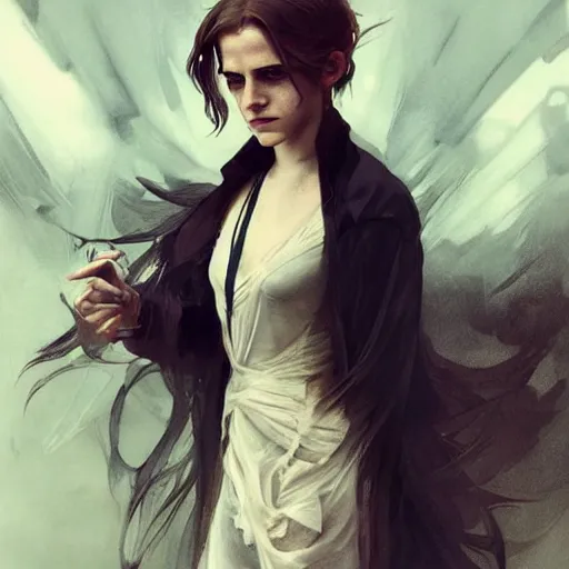 Prompt: Emma watson, Magic the Gathering art, expressive facial features, art by greg rutkowski and alphonse mucha, highly detailed, digital painting, matte painting, concept art, illustration, oppressive lighting, trending on artstation, very detailed