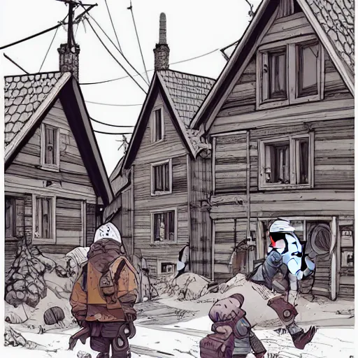 Image similar to cell shaded illustration, a study of a nordic village, post grunge concept art by josan gonzales and wlop, highly detailed, intricate, sharp focus, Trending on Artstation HQ, deviantart-H 704