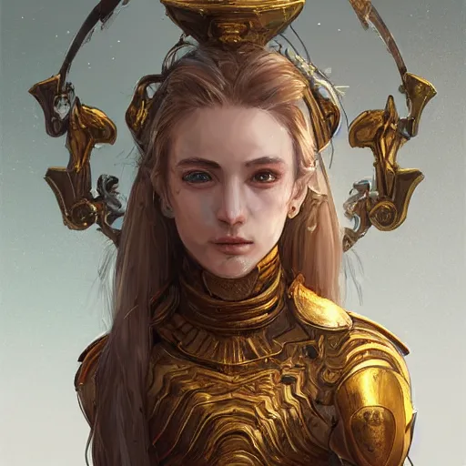 Image similar to portrait knights of Zodiac girl, golden and copper armor, in ruined Agora of Athens, ssci-fi, fantasy, intricate, very very beautiful, elegant, highly detailed, digital painting, artstation, concept art, smooth, sharp focus, illustration, art by WLOP and tian zi and artgerm