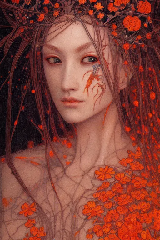 Image similar to portrait of beautiful young mainem, warhammer, japaneese style, cyberpunk armor, a lot of more scars, more and more flowers, orange head, the middle ages, highly detailed, artstation, illustration, art by jean delville, 8 k quality