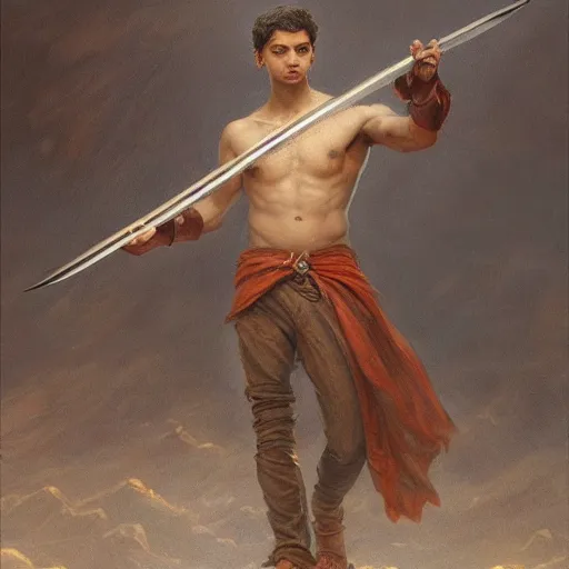 Image similar to artstation concept of a Young man with a bare upper body holding a sword in both hand, brown skin, silver garment, shiny colorful, hyperdetailed, artstation trending, world renowned artists, worth1000.com, historic artworks society, antique renewel, cgsociety, by greg rutkowski, by Gustave Dore, Deviantart