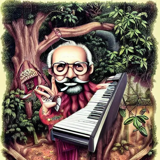 Image similar to old man white beard playing a synthesizer in a tree house, notes and clefs listening , lowbrow surrealistic, in the style of Mark Ryden,