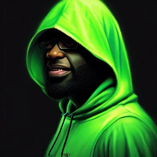 Image similar to portrait of a black man programmer with green hood by greg rutkowski, digital number in the background