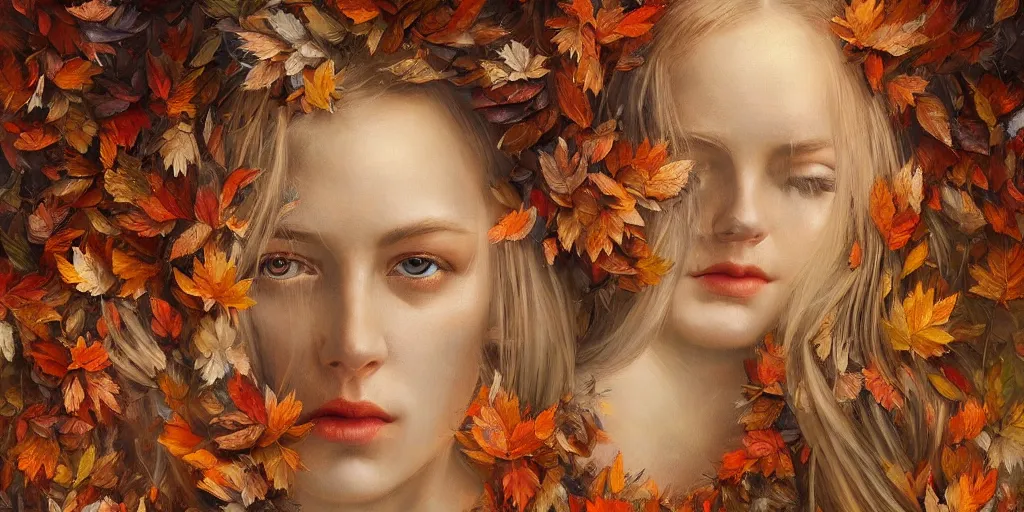 Prompt: breathtaking detailed concept art painting art deco pattern of blonde goddesses faces amalgamation autumn leaves, by volegov, bizarre compositions, exquisite detail, extremely moody lighting, 8 k