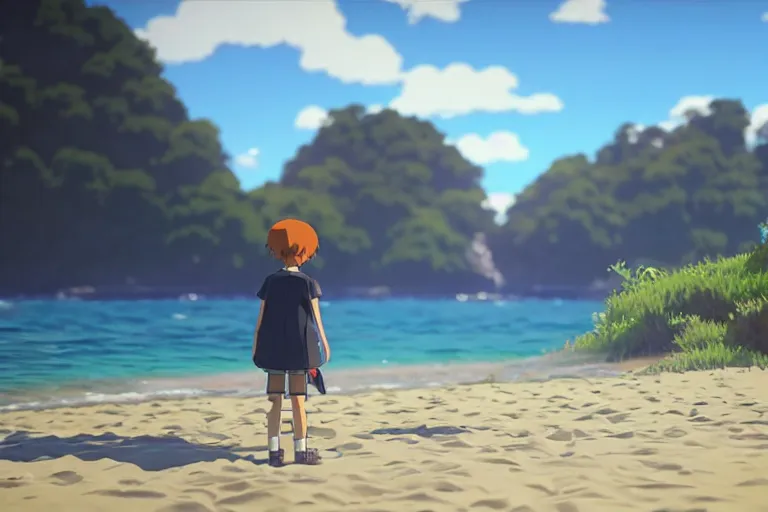 Image similar to game trailer of a semi realistic first person studio ghibli shooter game trailer on a shining beach, beach landscape, cinematic lighting, ray tracing, unreal engine 5, photorealistic