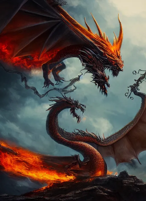 Image similar to fire dragon attacking a wizard's tower, highly detailed, 4 k, hdr, award - winning, directed by zack snyder, trending on art station, matte