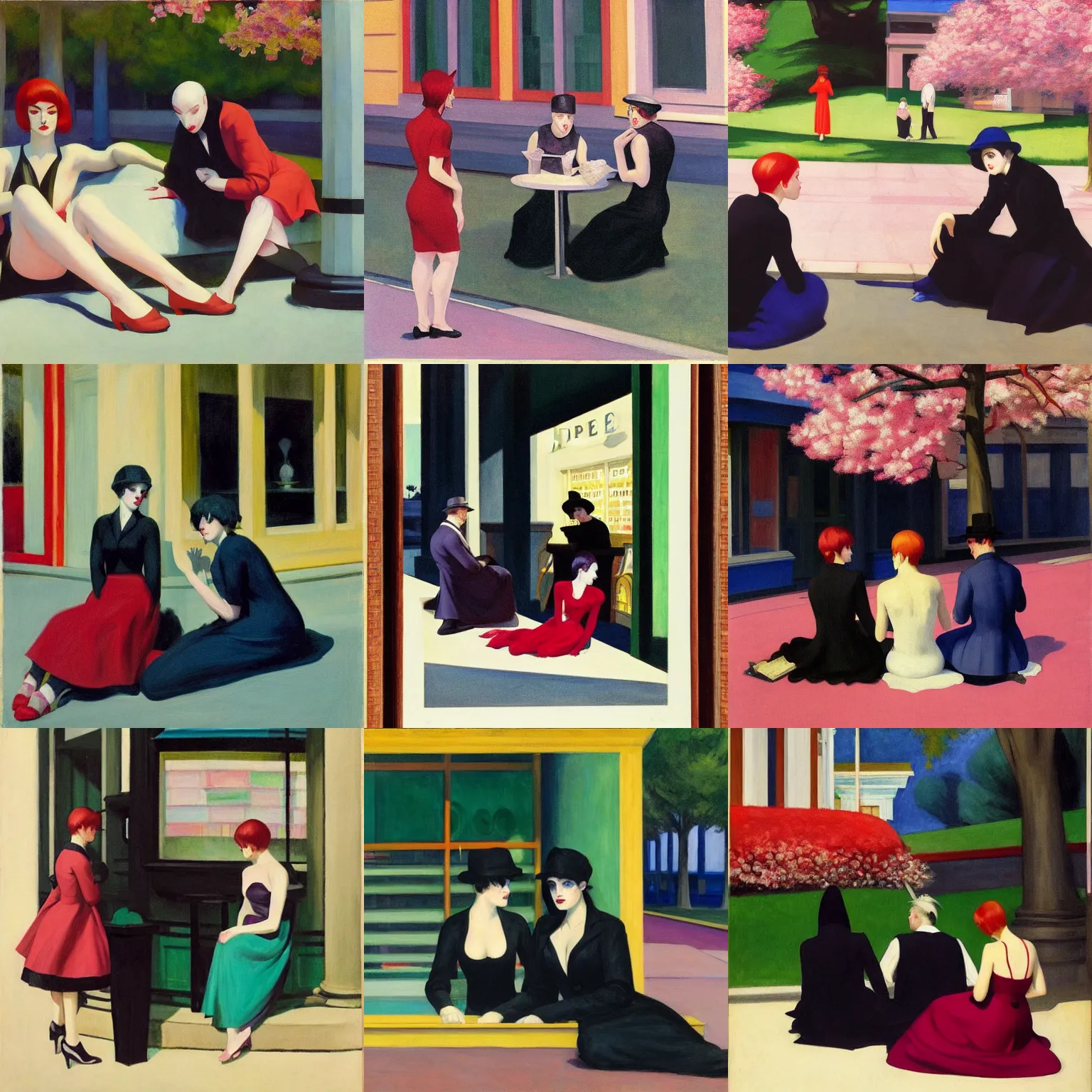 Prompt: art by edward hopper. three goths loitering in the shade, talking beneath a cherry blossom outside a blockbuster video store.
