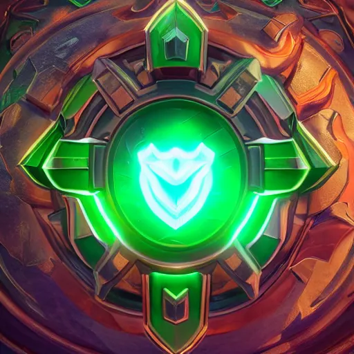 Image similar to green shield fantasy epic legends game icon stylized, digital illustration radiating, a glowing aura, global illumination, ray tracing, 8 k high definition, intricate details, octane render, unreal engine, trending on arstation