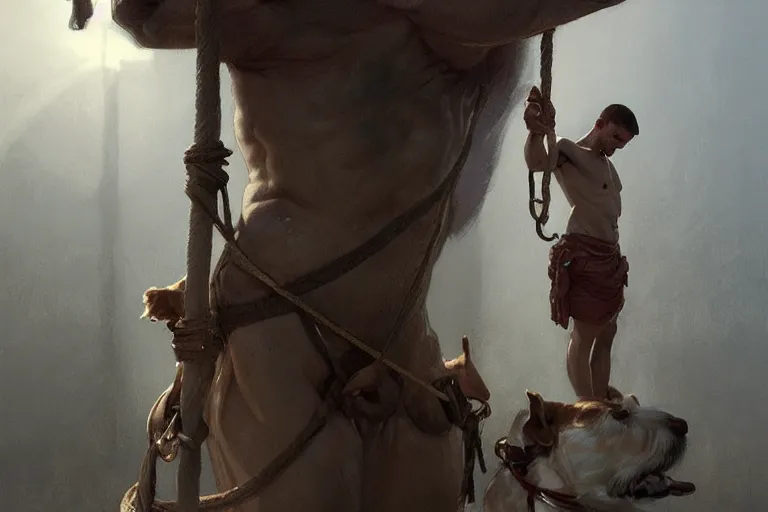 Image similar to a man tied to a pillar and jack russel terrier pissing on him, highly detailed, hyperrealistic digital painting, artstation, concept art, smooth, sharp focus, illustration, cinematic lighting, art by artgerm and greg rutkowski and alphonse mucha