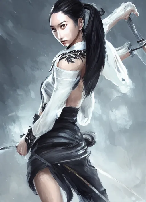 Prompt: a highly detailed illustration of fierce tall amazon messy ponytail black haired one armed delinquent asian woman wearing white cap wearing long white jacket with cape, dramatic wielding sword pose, muscular, intricate, elegant, highly detailed, centered, digital painting, artstation, concept art, smooth, sharp focus, league of legends concept art, wlop.