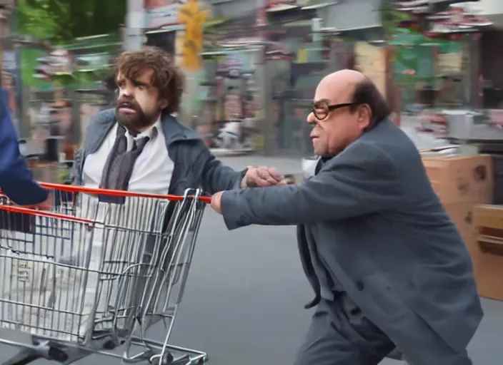 Image similar to peter dinklage in a shopping cart being pushed by danny devito, movie still, from the new jumangi movie, 8 k, realistic