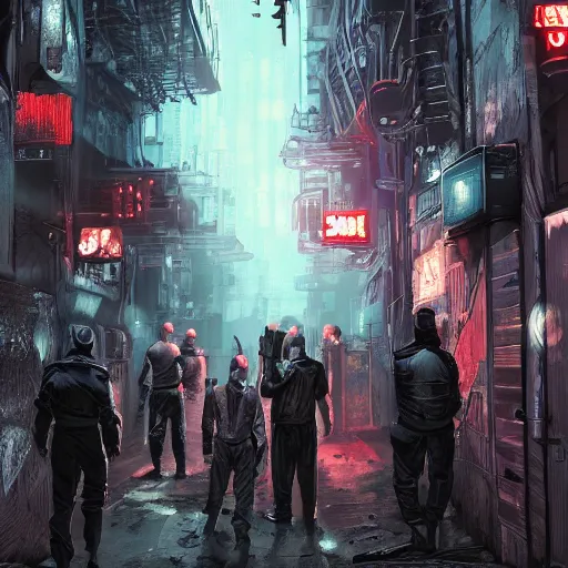 Image similar to A dark alley way with a group of gangsters. Dark, dystopian, cyberpunk, hyper detailed, 8k.