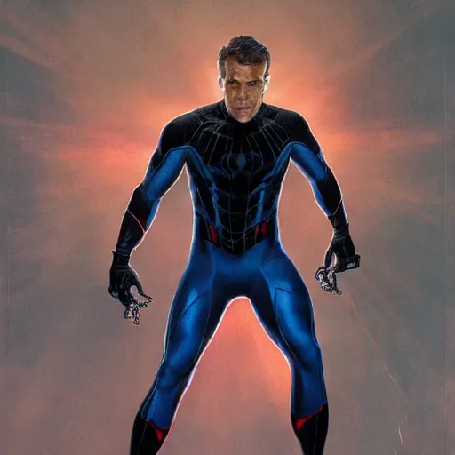 Image similar to ryan reynolds as spider - man, wearing a black and blue suit, cinematic, volumetric lighting, f 8 aperture, cinematic eastman 5 3 8 4 film, photorealistic by greg rutkowski, by stanley artgerm, by alphonse mucha