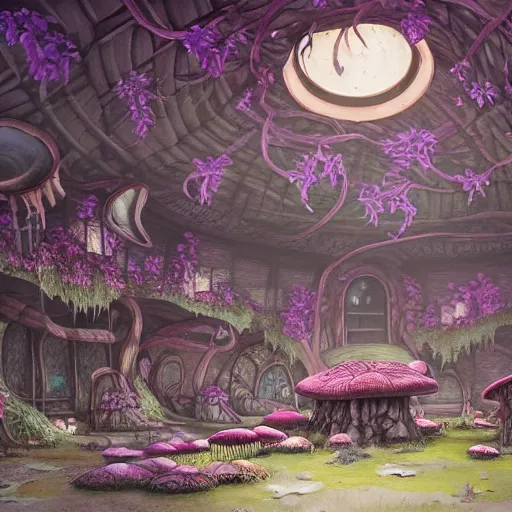 Image similar to concept art painting of a interior of a circular fantasy fungus house made of mushrooms, with black vines, realistic, detailed, cel shaded, magenta and gray, dark, in the style of makoto shinkai and greg rutkowski and james gurney