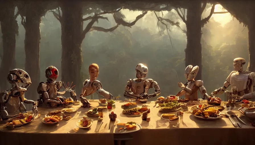 Prompt: a table dinner of humanoid robots where robots are dressed like the characters from the midsommar movie, realistic detailed digital art by maxwell boas jessica rossier christian dimitrov anton fadeev trending on artstation cgsociety rendered in unreal engine 4 k hq