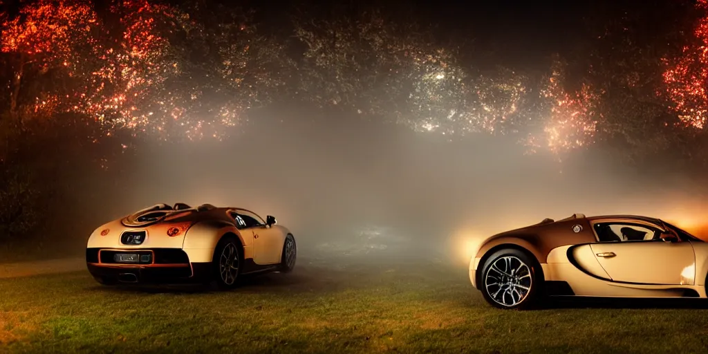 Prompt: bugatti veyron, warm lighting, fog, fairy lights, backyard at late night, tumblr aesthetic