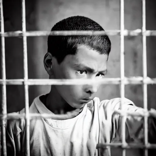 Prompt: a dramatic shot of a boy in prison