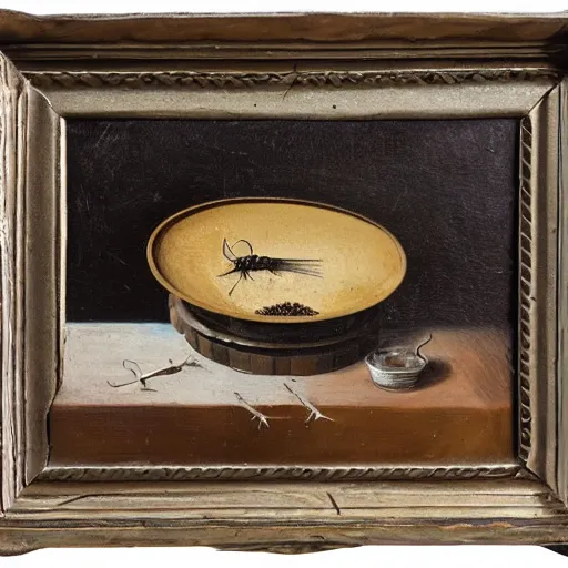 Prompt: classic still life of a large pile of dead small black flies served on a round silver platter on a wooden table, oil on canvas, highly detailed