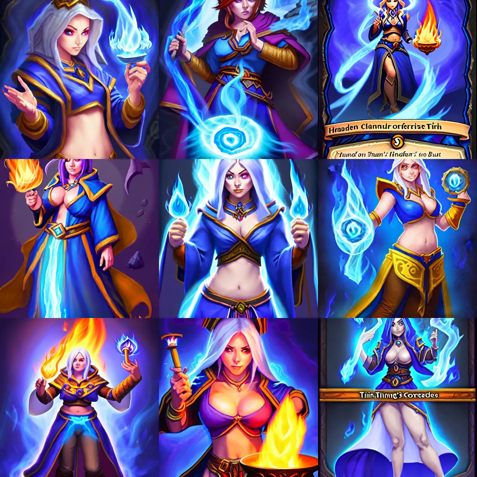 Prompt: a female mage with a blue robe and casting a fire spell, Hearthstone official splash art, tinyest midriff ever, largest haunches ever, fullest body, small head, huge breasts, SFW, SFW, perfect master piece, award winning